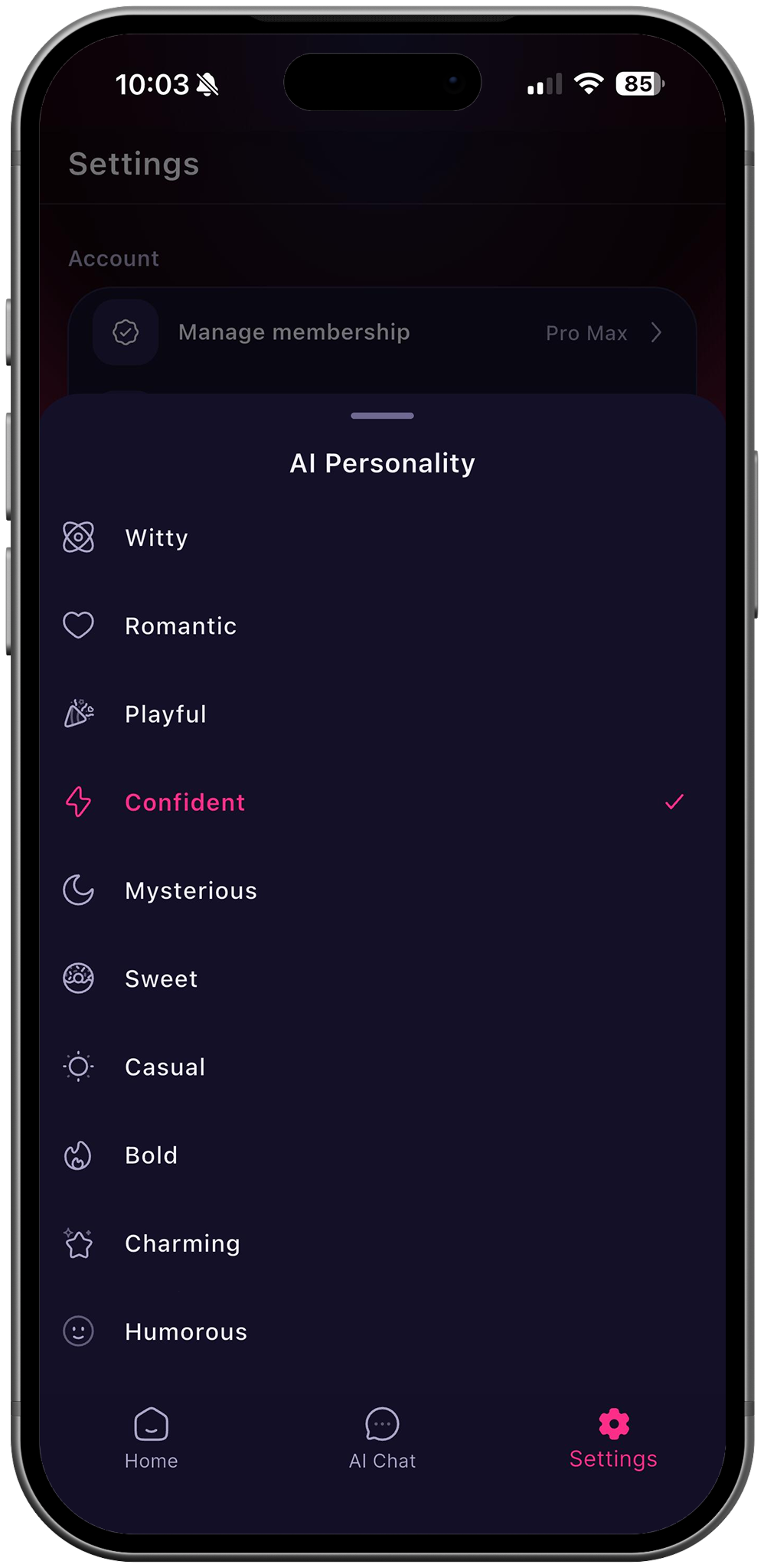 RizzDate settings with AI dating coach personality picker on Android